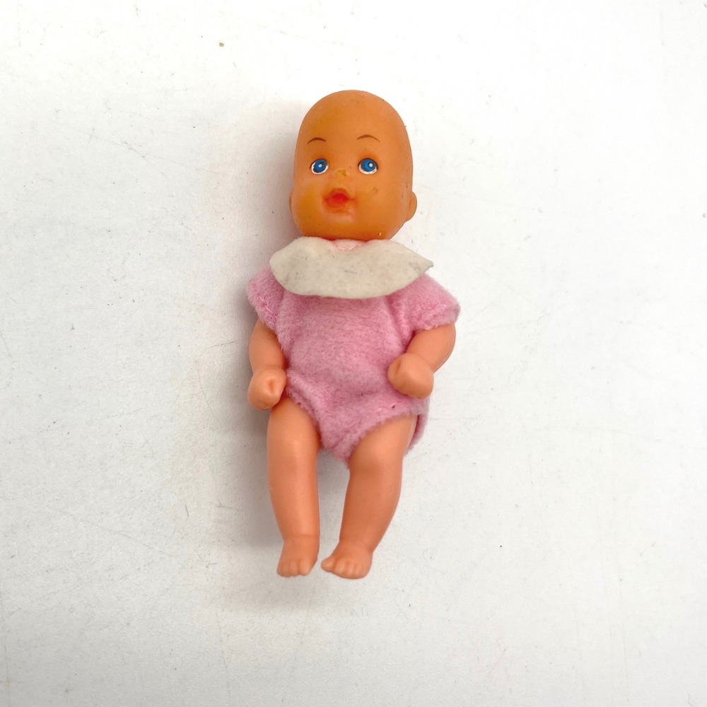 Vintage Simba Miniature Baby Doll Pink Outfit Blue Eyes 2.75 Inch Toy Figure